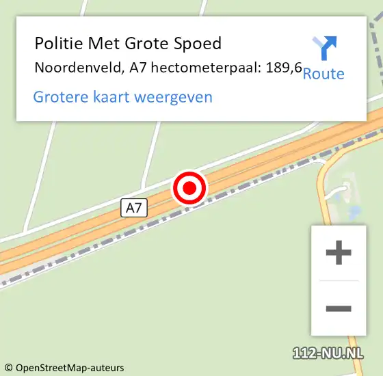 Locatie op kaart van de 112 melding: Politie Met Grote Spoed Naar Noordenveld, A7 hectometerpaal: 189,6 op 10 juni 2023 07:16