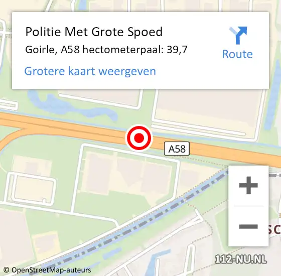 Locatie op kaart van de 112 melding: Politie Met Grote Spoed Naar Goirle, A58 hectometerpaal: 39,7 op 10 juni 2023 07:47