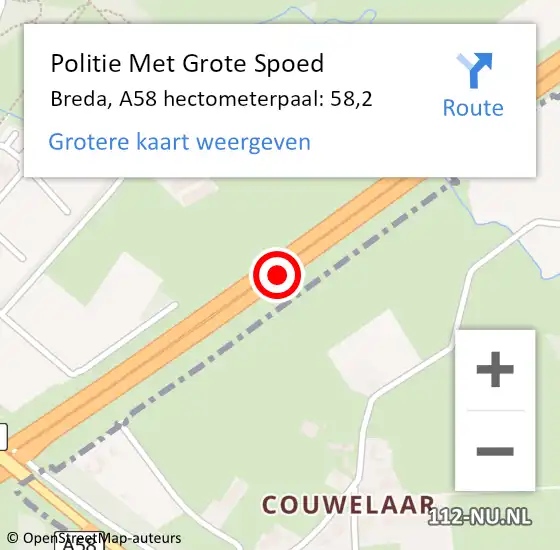 Locatie op kaart van de 112 melding: Politie Met Grote Spoed Naar Breda, A58 hectometerpaal: 58,2 op 10 juni 2023 12:04