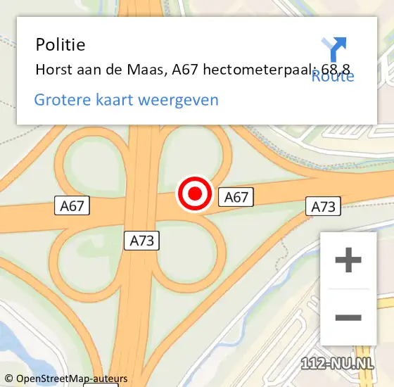 Locatie op kaart van de 112 melding: Politie Horst aan de Maas, A67 hectometerpaal: 68,8 op 10 juni 2023 12:05