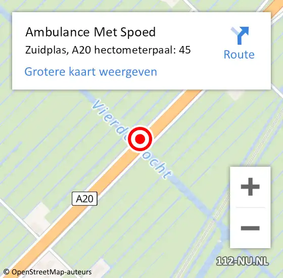 Locatie op kaart van de 112 melding: Ambulance Met Spoed Naar Zuidplas, A20 hectometerpaal: 45 op 10 juni 2023 12:48