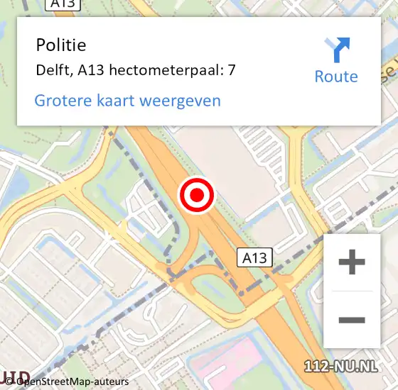 Locatie op kaart van de 112 melding: Politie Delft, A13 hectometerpaal: 7 op 10 juni 2023 14:25