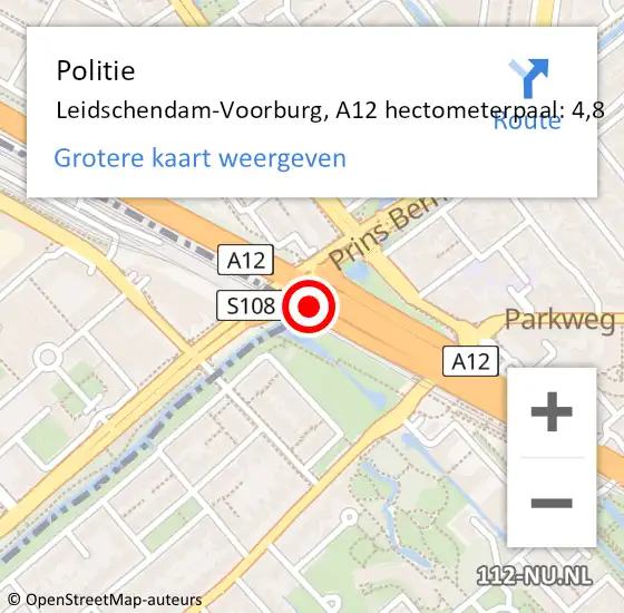 Locatie op kaart van de 112 melding: Politie Leidschendam-Voorburg, A12 hectometerpaal: 4,8 op 10 juni 2023 14:44