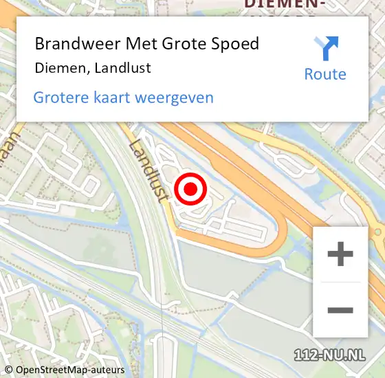 Locatie op kaart van de 112 melding: Brandweer Met Grote Spoed Naar Diemen, Landlust op 10 juni 2023 14:46