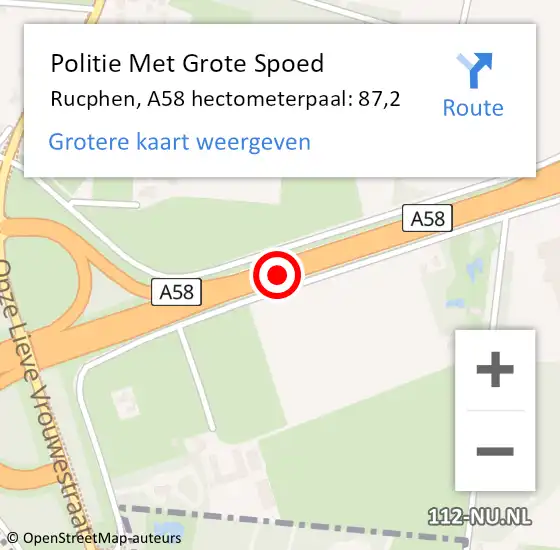 Locatie op kaart van de 112 melding: Politie Met Grote Spoed Naar Rucphen, A58 hectometerpaal: 87,2 op 10 juni 2023 15:08