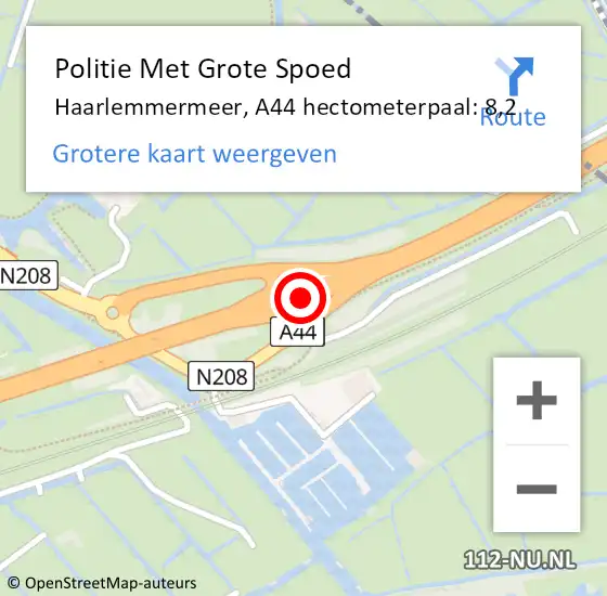 Locatie op kaart van de 112 melding: Politie Met Grote Spoed Naar Haarlemmermeer, A44 hectometerpaal: 8,2 op 10 juni 2023 15:52
