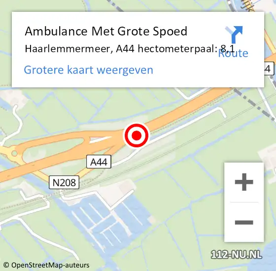 Locatie op kaart van de 112 melding: Ambulance Met Grote Spoed Naar Haarlemmermeer, A44 hectometerpaal: 8,1 op 10 juni 2023 15:52