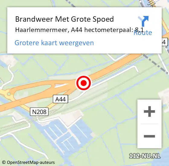 Locatie op kaart van de 112 melding: Brandweer Met Grote Spoed Naar Haarlemmermeer, A44 hectometerpaal: 8,1 op 10 juni 2023 15:52
