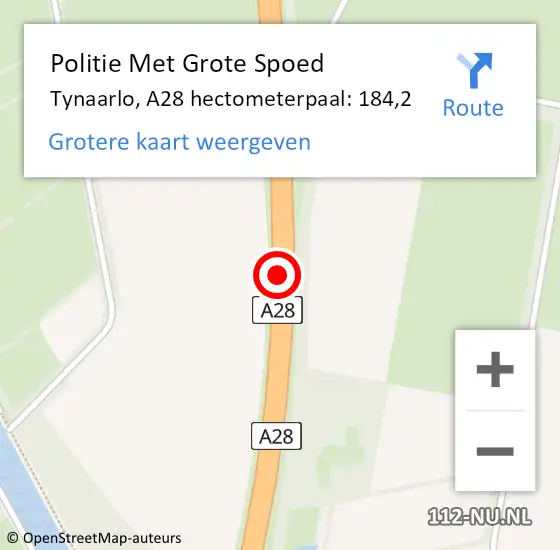 Locatie op kaart van de 112 melding: Politie Met Grote Spoed Naar Tynaarlo, A28 hectometerpaal: 184,2 op 10 juni 2023 16:02