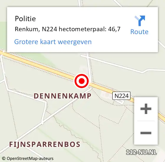 Locatie op kaart van de 112 melding: Politie Renkum, N224 hectometerpaal: 46,7 op 10 juni 2023 16:04