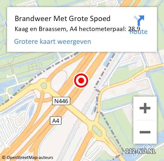 Locatie op kaart van de 112 melding: Brandweer Met Grote Spoed Naar Kaag en Braassem, A4 hectometerpaal: 28,9 op 10 juni 2023 16:32