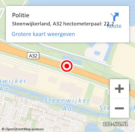 Locatie op kaart van de 112 melding: Politie Steenwijkerland, A32 hectometerpaal: 22,2 op 10 juni 2023 17:13