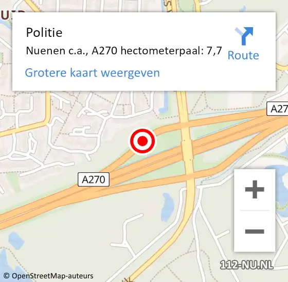 Locatie op kaart van de 112 melding: Politie Nuenen c.a., A270 hectometerpaal: 7,7 op 10 juni 2023 18:00