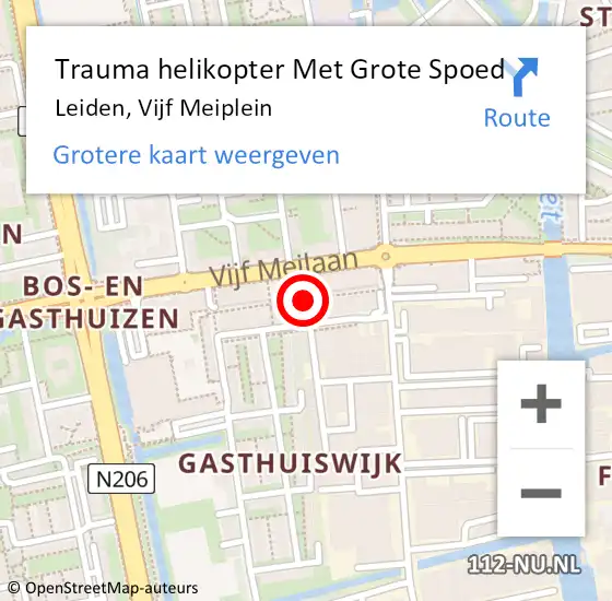 Locatie op kaart van de 112 melding: Trauma helikopter Met Grote Spoed Naar Leiden, Vijf Meiplein op 10 juni 2023 19:03