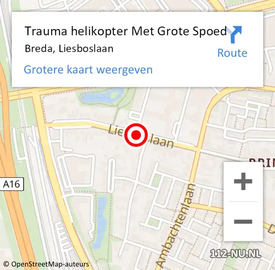 Locatie op kaart van de 112 melding: Trauma helikopter Met Grote Spoed Naar Breda, Liesboslaan op 10 juni 2023 19:17