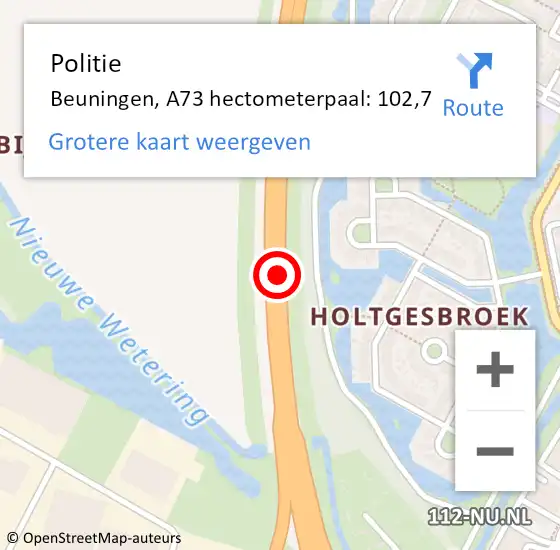 Locatie op kaart van de 112 melding: Politie Beuningen, A73 hectometerpaal: 102,7 op 10 juni 2023 19:19