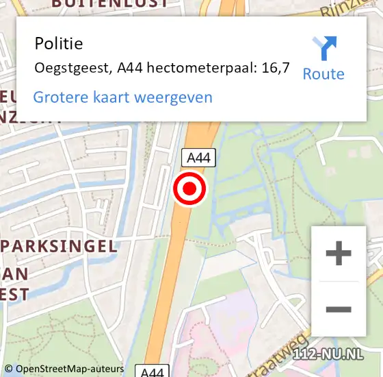 Locatie op kaart van de 112 melding: Politie Oegstgeest, A44 hectometerpaal: 16,7 op 10 juni 2023 22:05