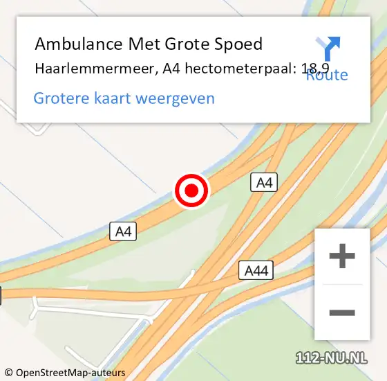 Locatie op kaart van de 112 melding: Ambulance Met Grote Spoed Naar Haarlemmermeer, A4 hectometerpaal: 18,9 op 10 juni 2023 22:32