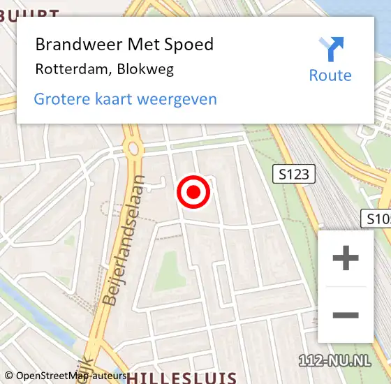 Locatie op kaart van de 112 melding: Brandweer Met Spoed Naar Rotterdam, Blokweg op 10 juni 2023 22:34