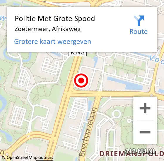 Locatie op kaart van de 112 melding: Politie Met Grote Spoed Naar Zoetermeer, Afrikaweg op 10 juni 2023 22:49