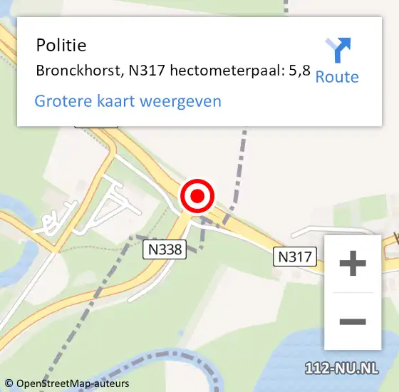 Locatie op kaart van de 112 melding: Politie Bronckhorst, N317 hectometerpaal: 5,8 op 11 juni 2023 08:51