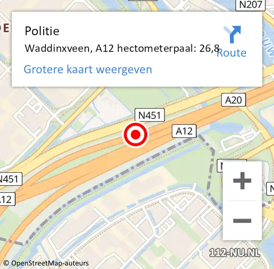 Locatie op kaart van de 112 melding: Politie Waddinxveen, A12 hectometerpaal: 26,8 op 11 juni 2023 12:24