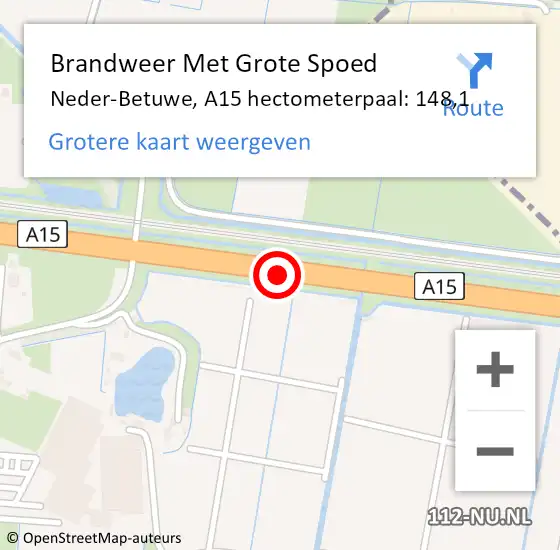 Locatie op kaart van de 112 melding: Brandweer Met Grote Spoed Naar Neder-Betuwe, A15 hectometerpaal: 148,1 op 11 juni 2023 15:28