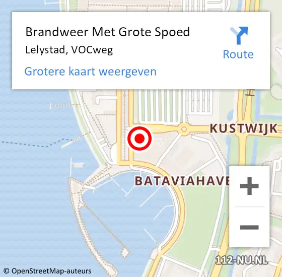 Locatie op kaart van de 112 melding: Brandweer Met Grote Spoed Naar Lelystad, VOCweg op 11 juni 2023 15:42