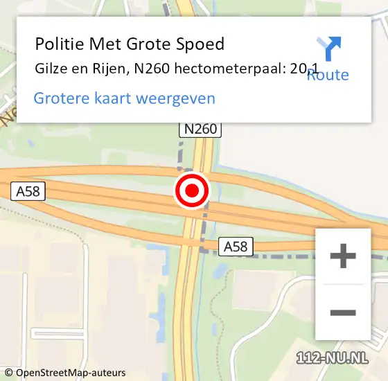 Locatie op kaart van de 112 melding: Politie Met Grote Spoed Naar Gilze en Rijen, N260 hectometerpaal: 20,1 op 11 juni 2023 18:54