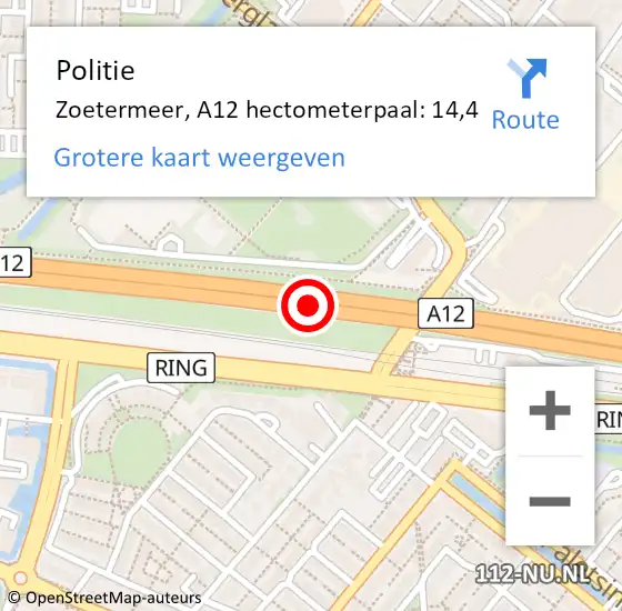 Locatie op kaart van de 112 melding: Politie Zoetermeer, A12 hectometerpaal: 14,4 op 11 juni 2023 19:36