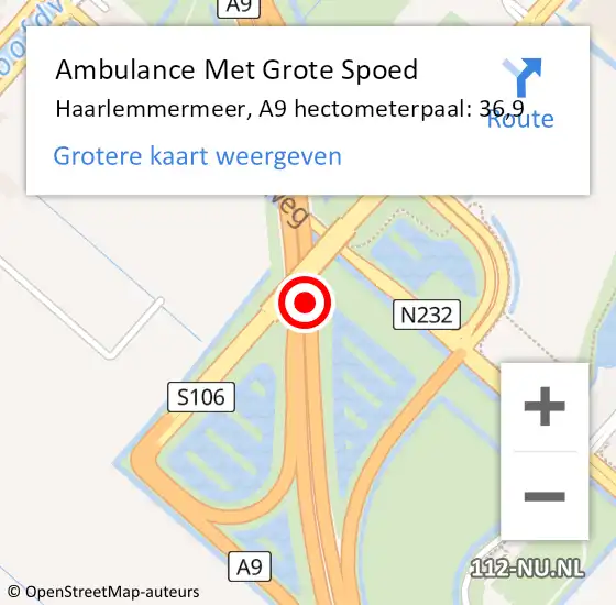 Locatie op kaart van de 112 melding: Ambulance Met Grote Spoed Naar Haarlemmermeer, A9 hectometerpaal: 36,9 op 11 juni 2023 20:32