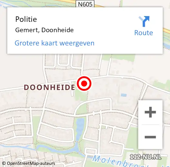 Locatie op kaart van de 112 melding: Politie Gemert, Doonheide op 11 juni 2023 22:03