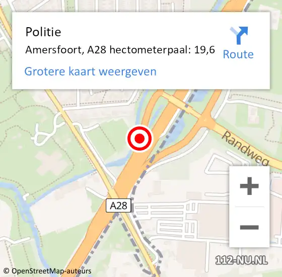 Locatie op kaart van de 112 melding: Politie Amersfoort, A28 hectometerpaal: 19,6 op 12 juni 2023 07:52