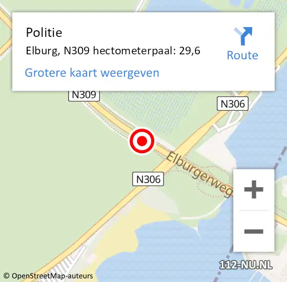 Locatie op kaart van de 112 melding: Politie Elburg, N309 hectometerpaal: 29,6 op 12 juni 2023 08:46