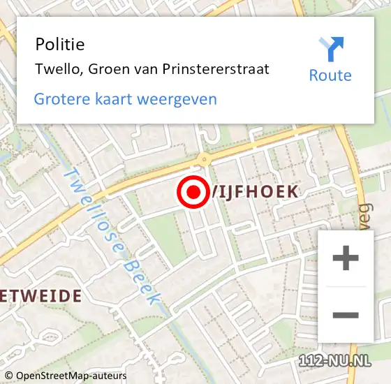 Locatie op kaart van de 112 melding: Politie Twello, Groen van Prinstererstraat op 12 juni 2023 09:10