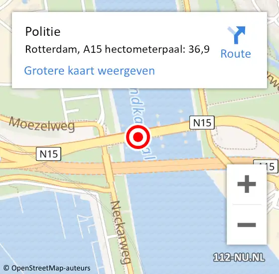 Locatie op kaart van de 112 melding: Politie Rotterdam, A15 hectometerpaal: 36,9 op 12 juni 2023 11:33