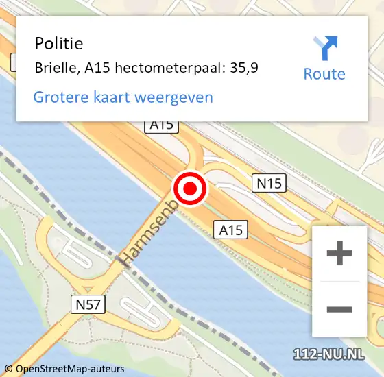 Locatie op kaart van de 112 melding: Politie Brielle, A15 hectometerpaal: 35,9 op 12 juni 2023 11:35