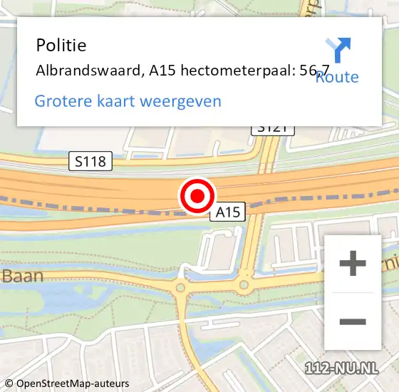 Locatie op kaart van de 112 melding: Politie Albrandswaard, A15 hectometerpaal: 56,7 op 12 juni 2023 12:13