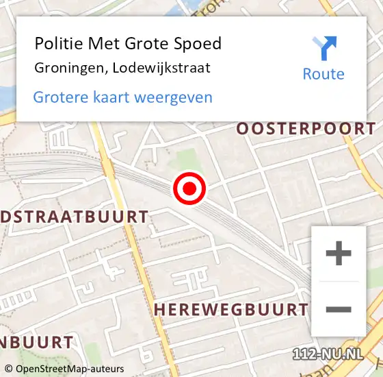 Locatie op kaart van de 112 melding: Politie Met Grote Spoed Naar Groningen, Lodewijkstraat op 12 juni 2023 13:43