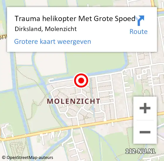 Locatie op kaart van de 112 melding: Trauma helikopter Met Grote Spoed Naar Dirksland, Molenzicht op 12 juni 2023 13:45