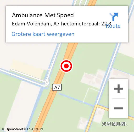 Locatie op kaart van de 112 melding: Ambulance Met Spoed Naar Edam-Volendam, A7 hectometerpaal: 22,3 op 12 juni 2023 13:54