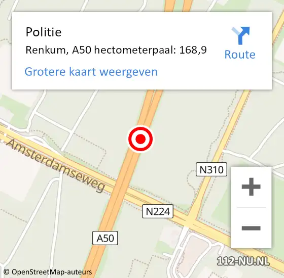 Locatie op kaart van de 112 melding: Politie Renkum, A50 hectometerpaal: 168,9 op 12 juni 2023 13:55