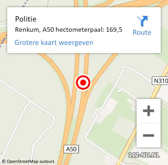 Locatie op kaart van de 112 melding: Politie Renkum, A50 hectometerpaal: 169,5 op 12 juni 2023 13:55