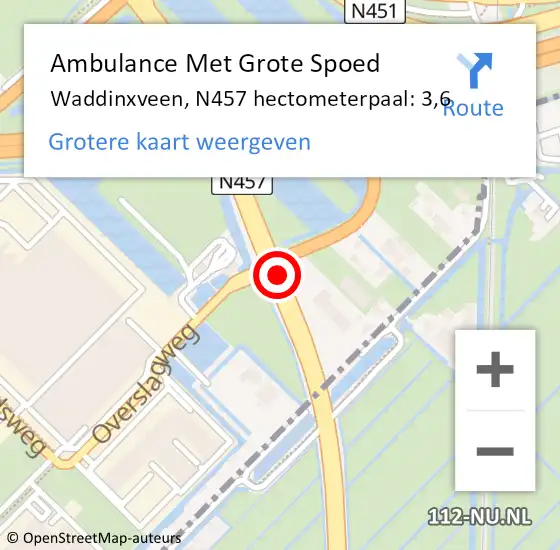 Locatie op kaart van de 112 melding: Ambulance Met Grote Spoed Naar Waddinxveen, N457 hectometerpaal: 3,6 op 12 juni 2023 14:35