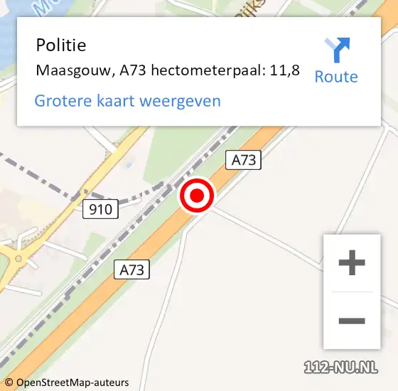 Locatie op kaart van de 112 melding: Politie Maasgouw, A73 hectometerpaal: 11,8 op 12 juni 2023 14:43