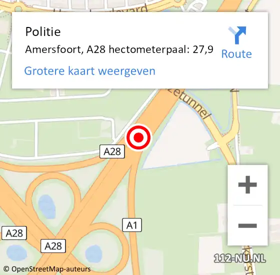 Locatie op kaart van de 112 melding: Politie Amersfoort, A28 hectometerpaal: 27,9 op 12 juni 2023 14:45