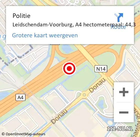 Locatie op kaart van de 112 melding: Politie Leidschendam-Voorburg, A4 hectometerpaal: 44,3 op 12 juni 2023 15:08