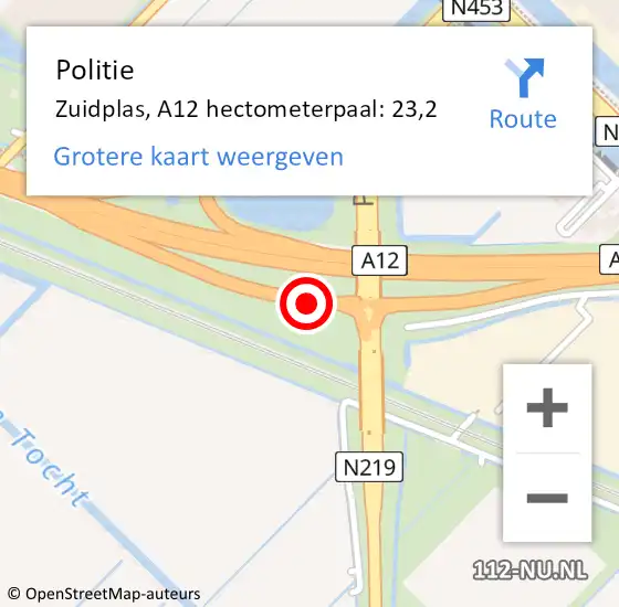 Locatie op kaart van de 112 melding: Politie Zuidplas, A12 hectometerpaal: 23,2 op 12 juni 2023 15:54