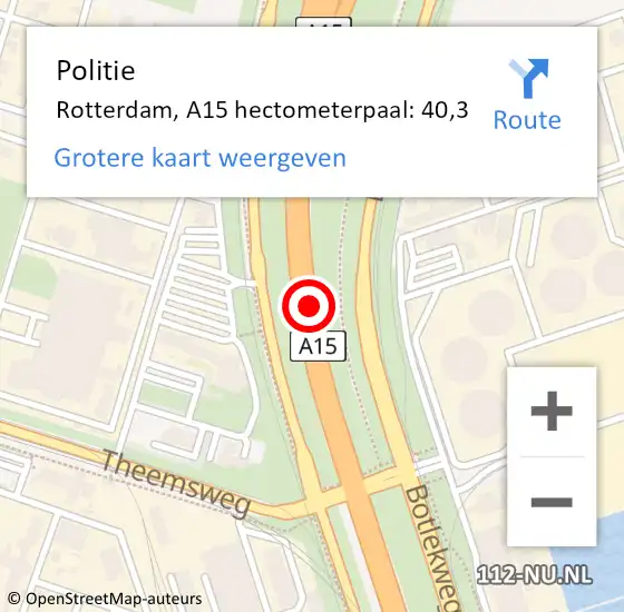 Locatie op kaart van de 112 melding: Politie Rotterdam, A15 hectometerpaal: 40,3 op 12 juni 2023 16:29