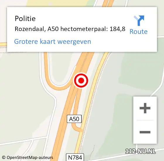Locatie op kaart van de 112 melding: Politie Rozendaal, A50 hectometerpaal: 184,8 op 12 juni 2023 16:44